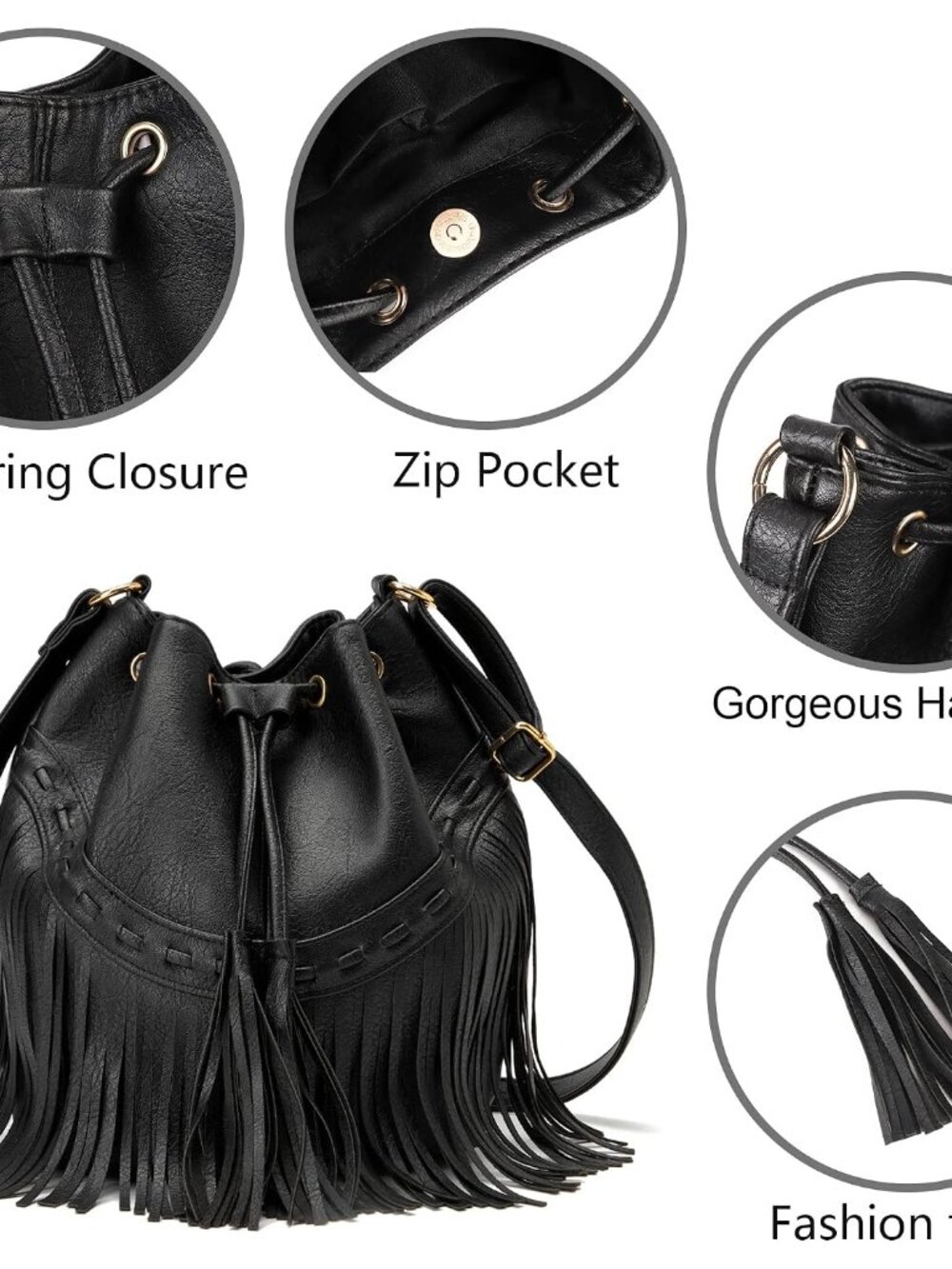 Leather Bucket Bags for Women Crossbody Fringe Purses with Drawstring Ladies Tas - Picture 7 of 8